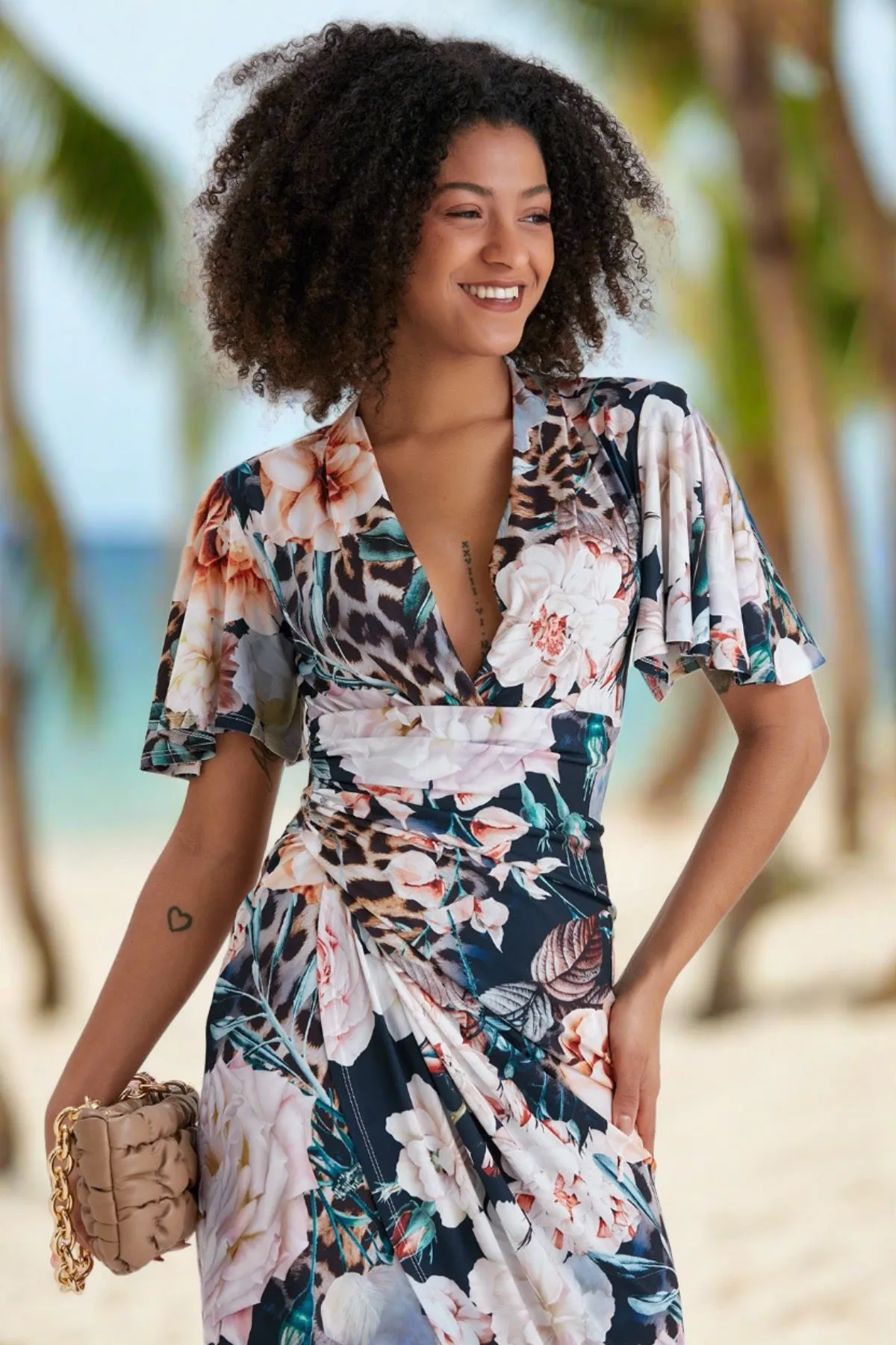 Ethereal Angel Sleeve Wrap Dress in Navy Floral Print