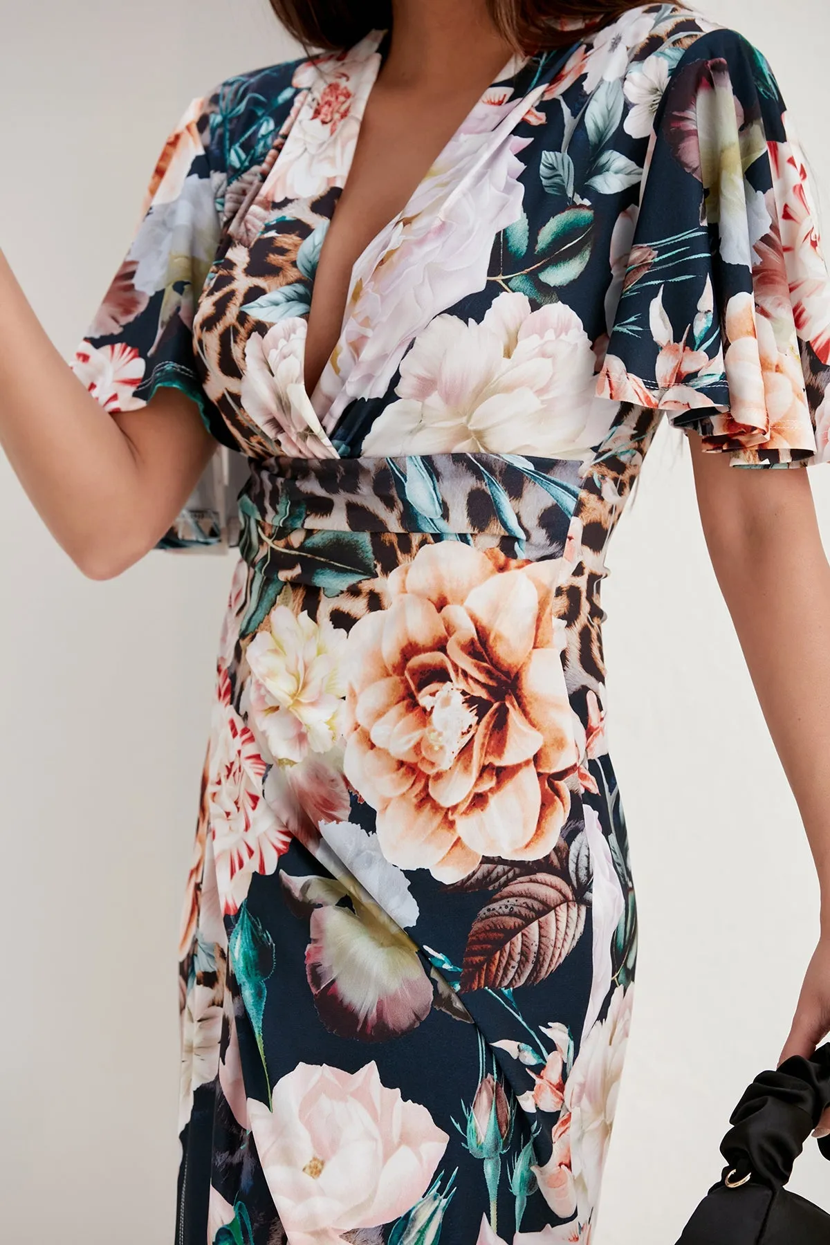 Ethereal Angel Sleeve Wrap Dress in Navy Floral Print
