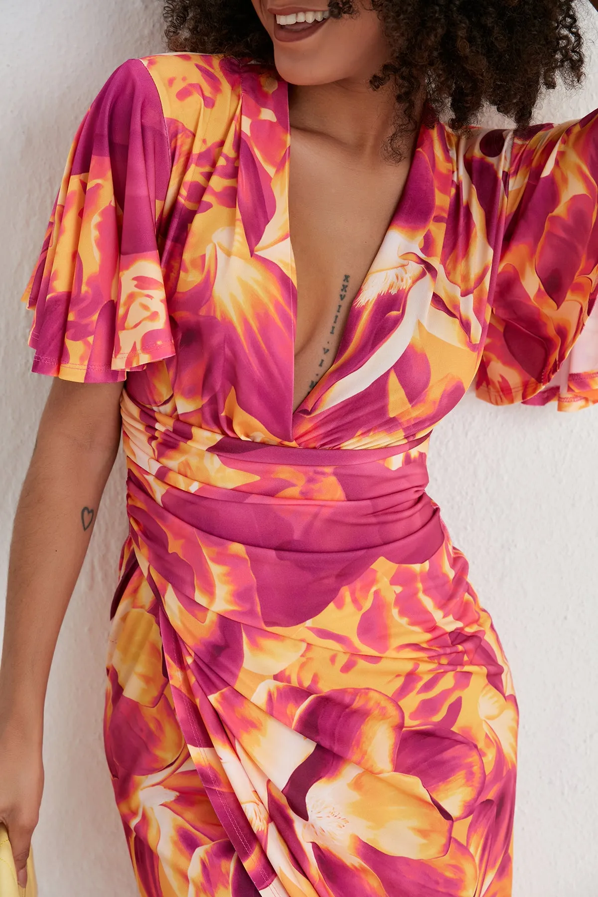 Ethereal Angel Sleeve Wrap Dress in Orange Flush Print