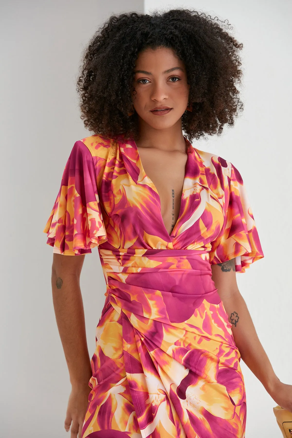 Ethereal Angel Sleeve Wrap Dress in Orange Flush Print