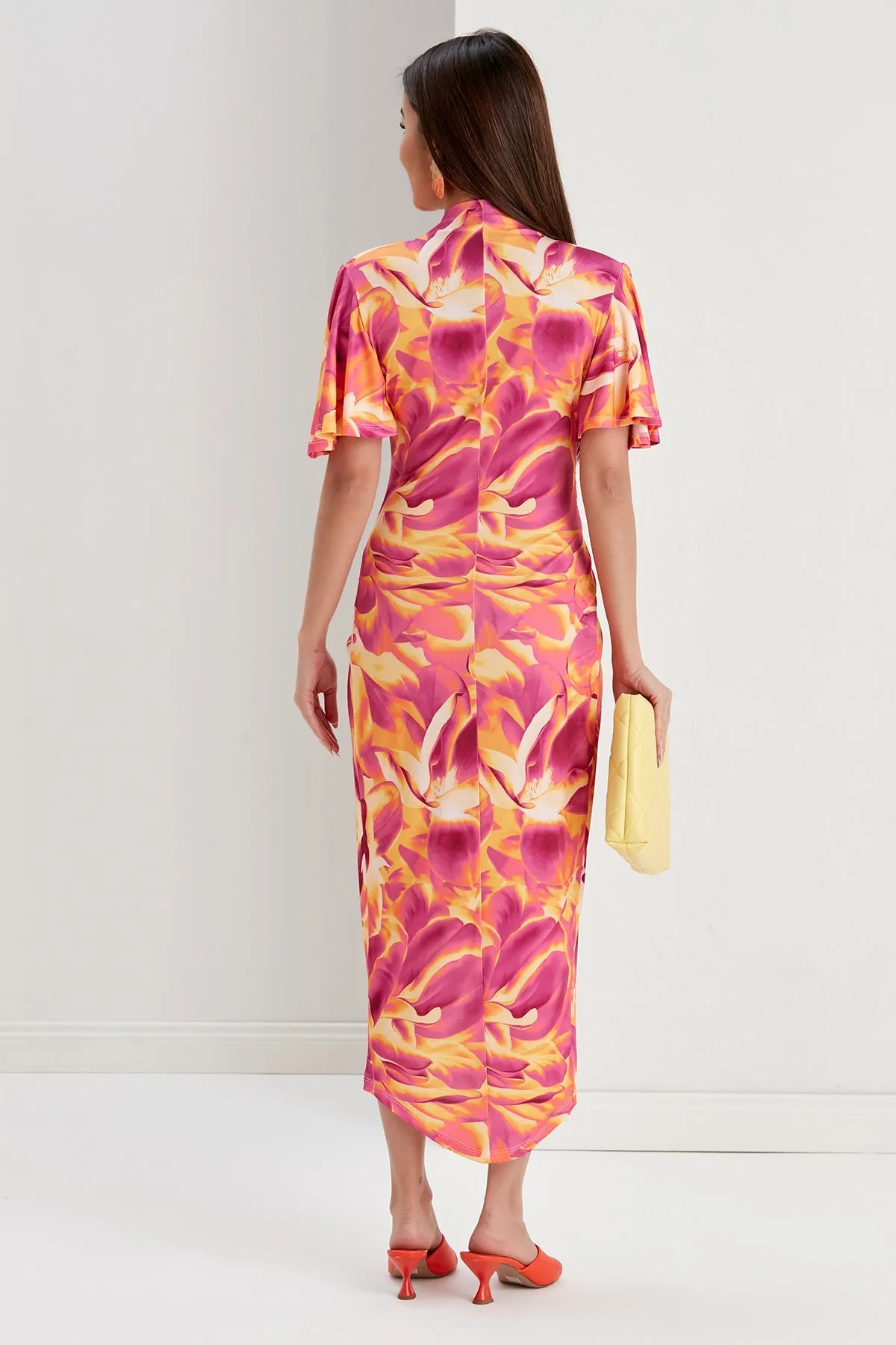 Ethereal Angel Sleeve Wrap Dress in Orange Flush Print