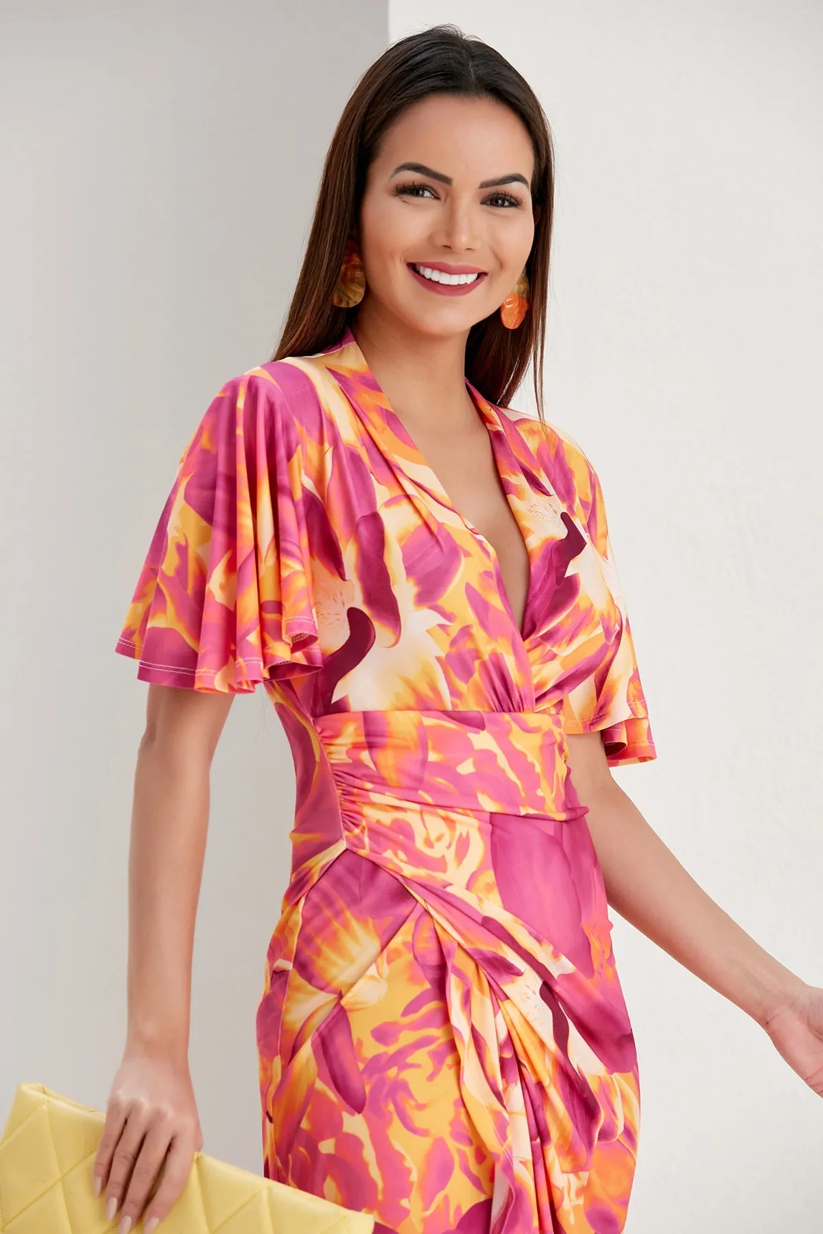 Ethereal Angel Sleeve Wrap Dress in Orange Flush Print
