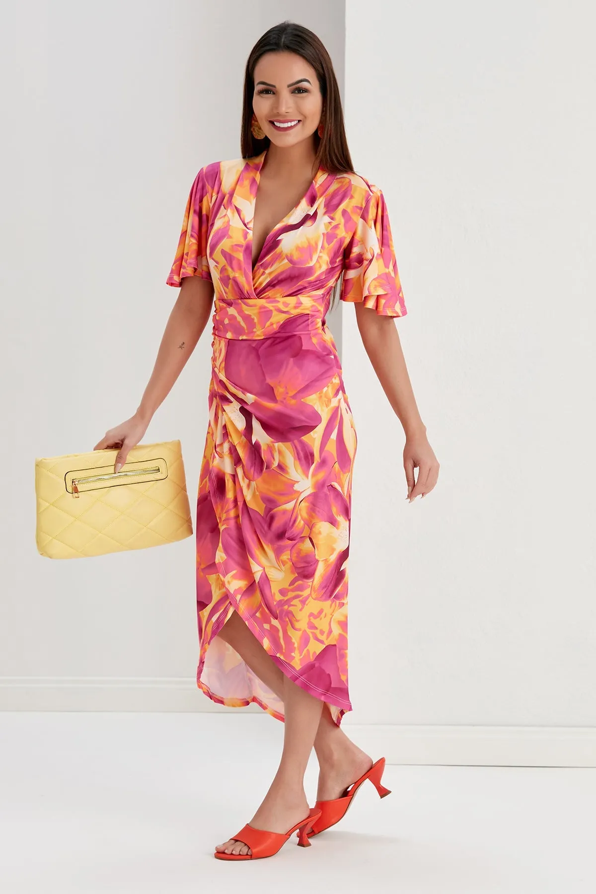 Ethereal Angel Sleeve Wrap Dress in Orange Flush Print