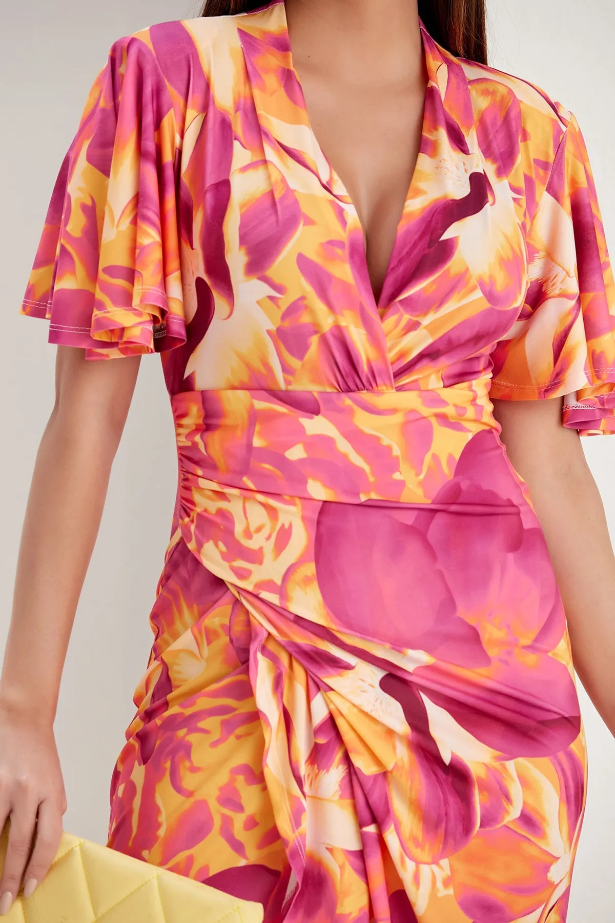 Ethereal Angel Sleeve Wrap Dress in Orange Flush Print