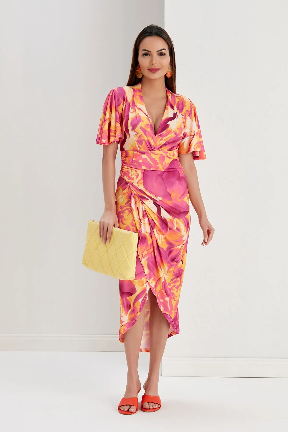 Ethereal Angel Sleeve Wrap Dress in Orange Flush Print
