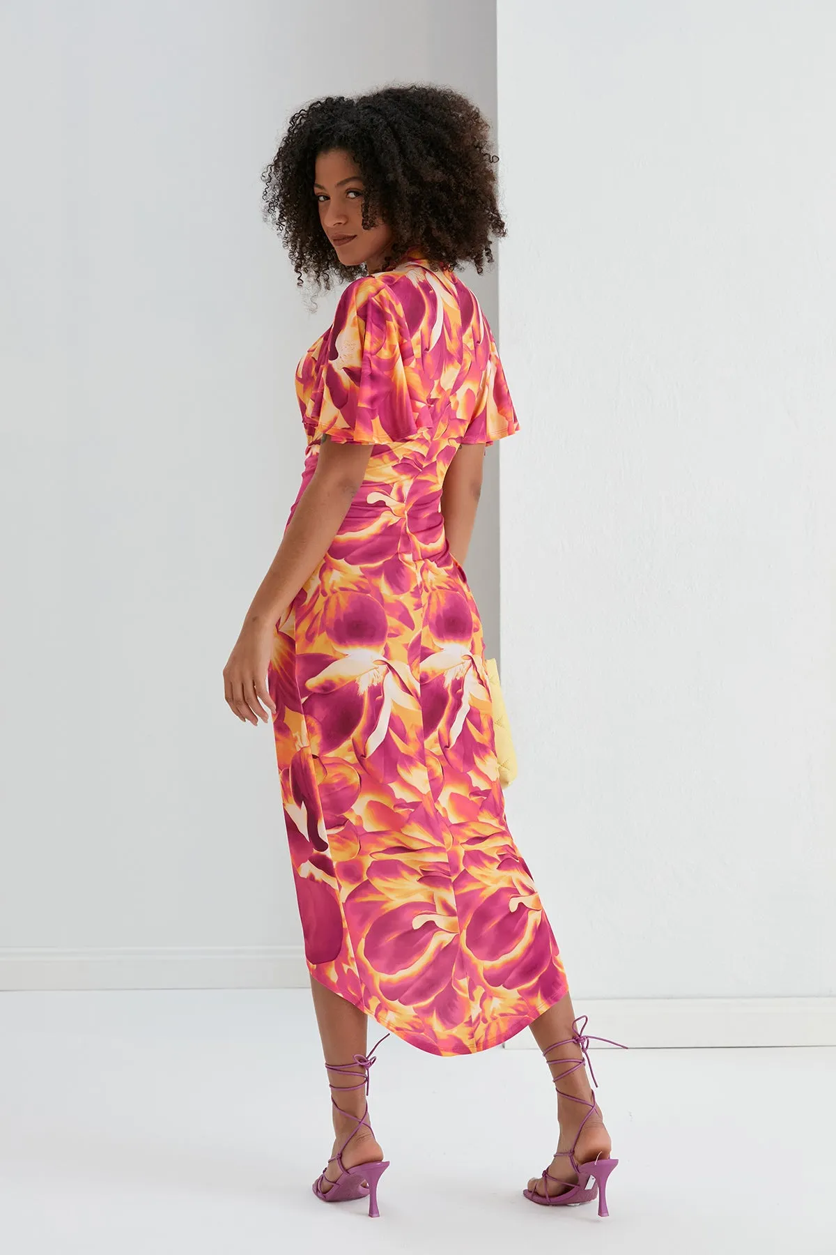 Ethereal Angel Sleeve Wrap Dress in Orange Flush Print