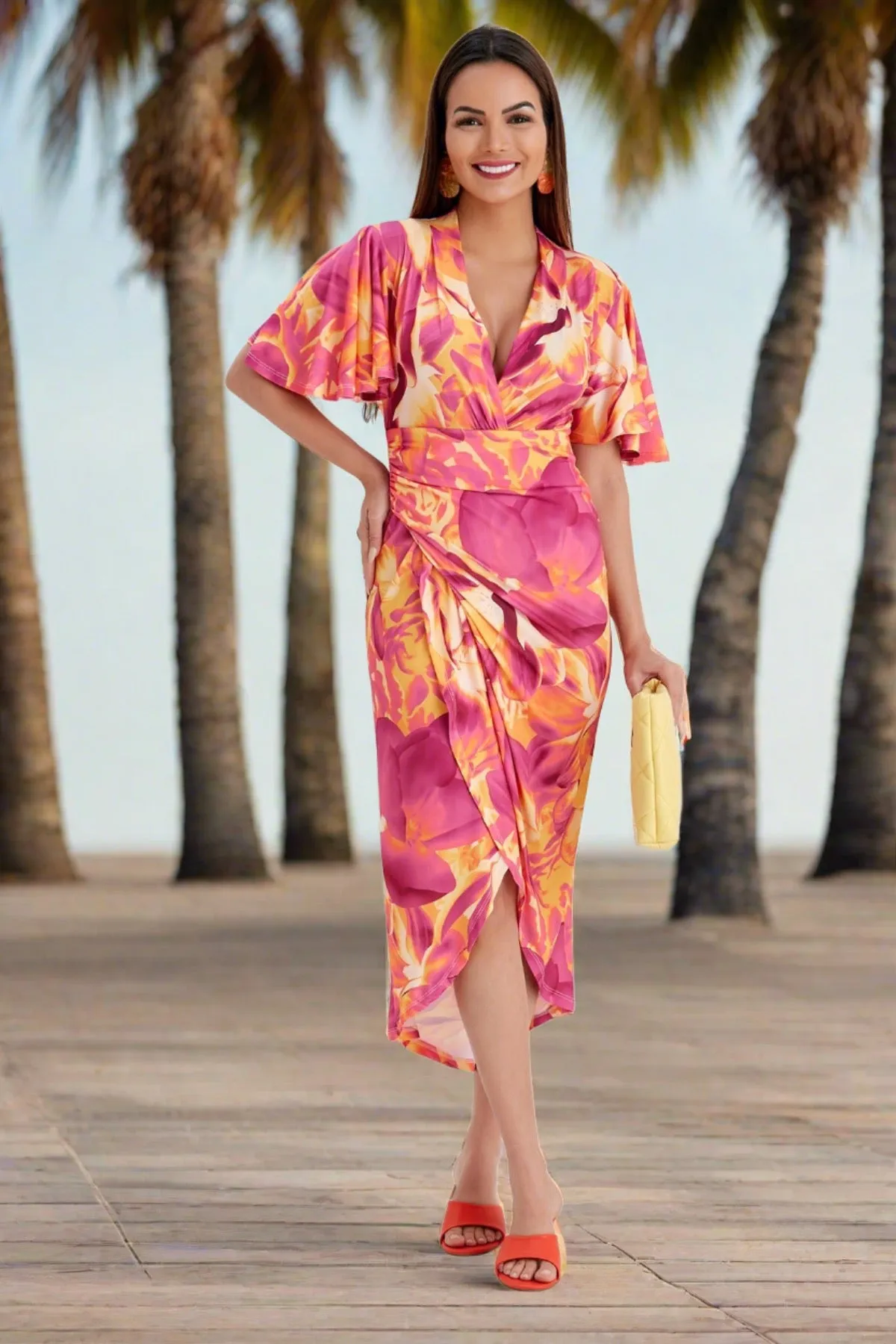 Ethereal Angel Sleeve Wrap Dress in Orange Flush Print