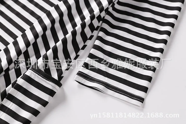 Europe Popular Black White Striped Decorative Pocket Half Sleeved Trendy Casual Family Dress Plus Size Pocket Dress