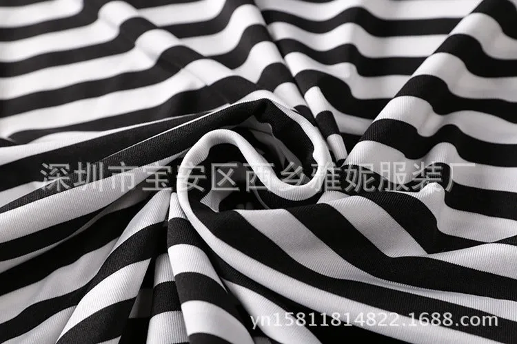 Europe Popular Black White Striped Decorative Pocket Half Sleeved Trendy Casual Family Dress Plus Size Pocket Dress
