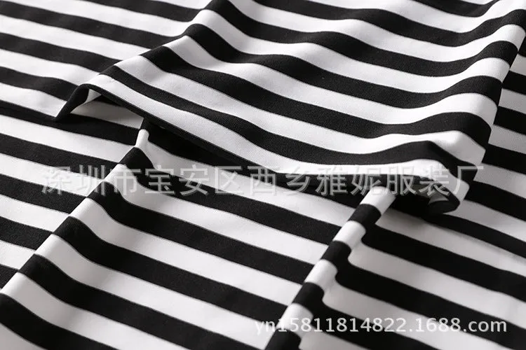 Europe Popular Black White Striped Decorative Pocket Half Sleeved Trendy Casual Family Dress Plus Size Pocket Dress