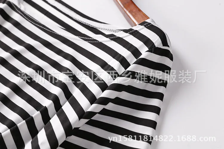 Europe Popular Black White Striped Decorative Pocket Half Sleeved Trendy Casual Family Dress Plus Size Pocket Dress