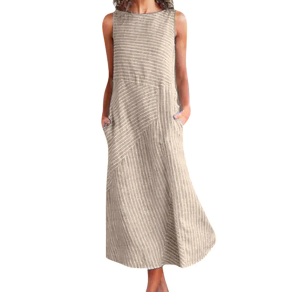Europe Striped Round-Neck Sleeveless Plus Size Slim Look Dress Pocket Dress