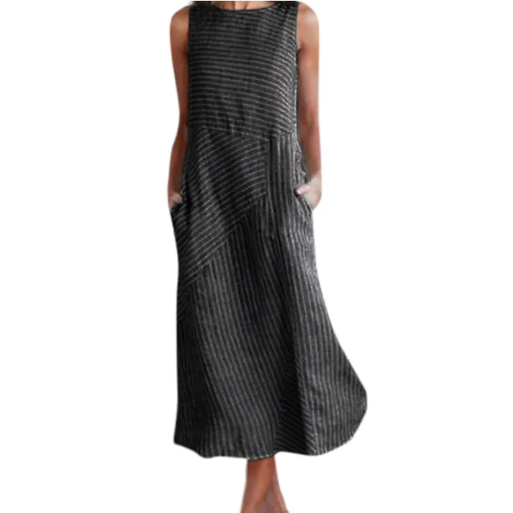 Europe Striped Round-Neck Sleeveless Plus Size Slim Look Dress Pocket Dress