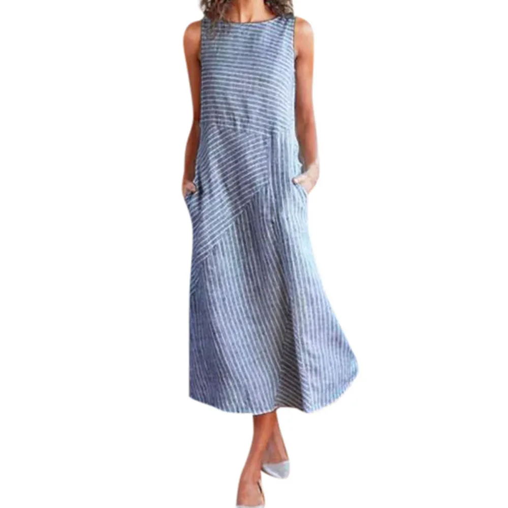 Europe Striped Round-Neck Sleeveless Plus Size Slim Look Dress Pocket Dress