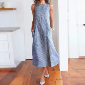 Europe Striped Round-Neck Sleeveless Plus Size Slim Look Dress Pocket Dress