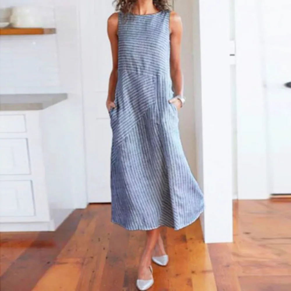 Europe Striped Round-Neck Sleeveless Plus Size Slim Look Dress Pocket Dress