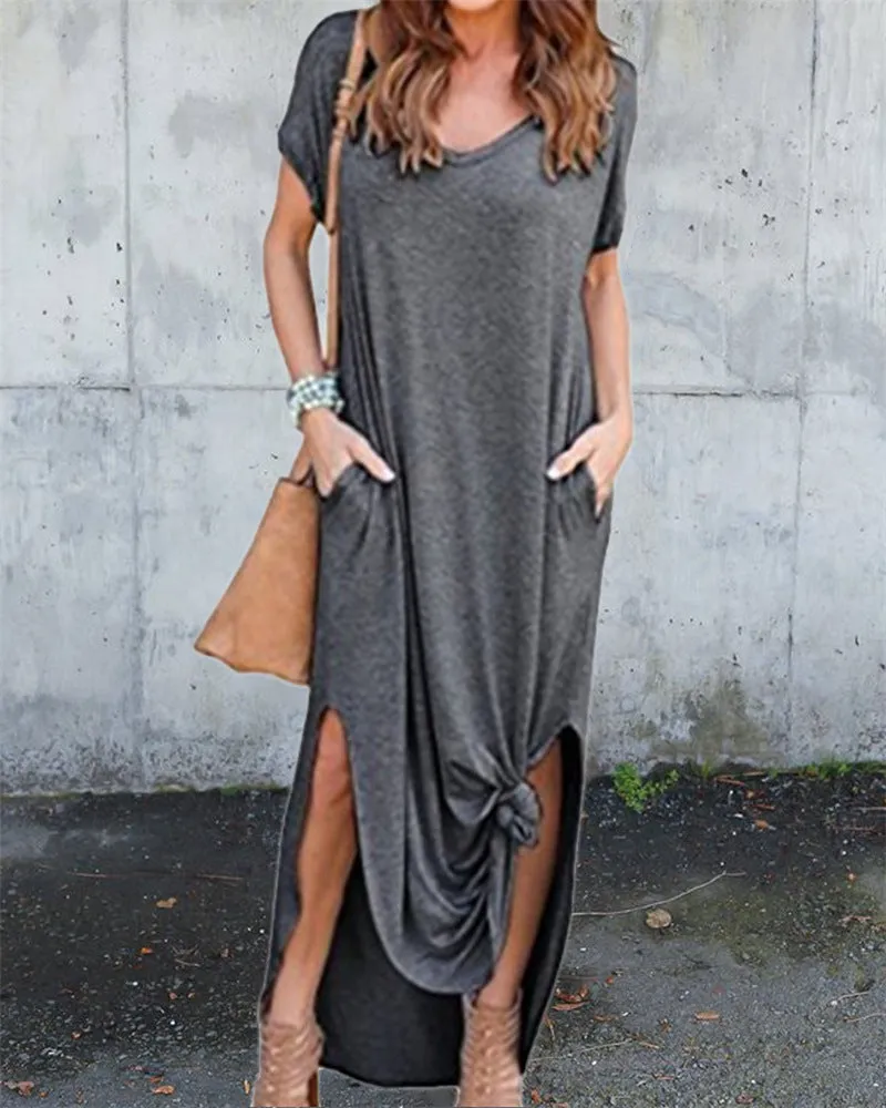 Europe Summer Pocket Splitted Flare Dress Pocket Dress