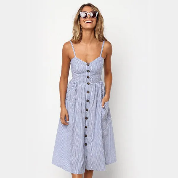 Europe Summer Solid Colored Pocket Strap Single-Breasted Dress TS- Pocket Dress