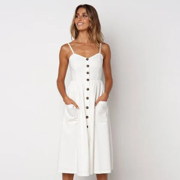 Europe Summer Solid Colored Pocket Strap Single-Breasted Dress TS- Pocket Dress