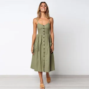 Europe Summer Solid Colored Pocket Strap Single-Breasted Dress TS- Pocket Dress