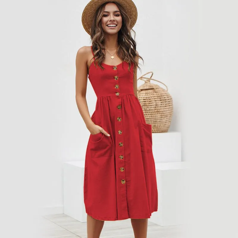 Europe Summer Solid Colored Pocket Strap Single-Breasted Dress TS- Pocket Dress