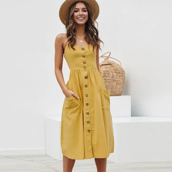 Europe Summer Solid Colored Pocket Strap Single-Breasted Dress TS- Pocket Dress