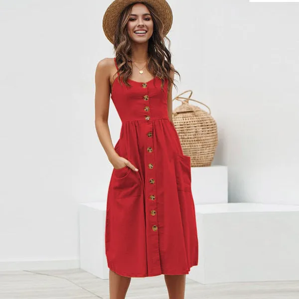Europe Summer Solid Colored Pocket Strap Single-Breasted Dress TS- Pocket Dress