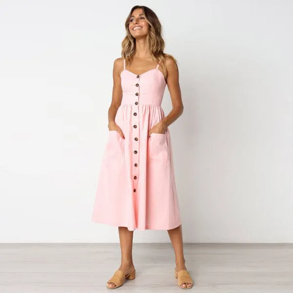 Europe Summer Solid Colored Pocket Strap Single-Breasted Dress TS- Pocket Dress