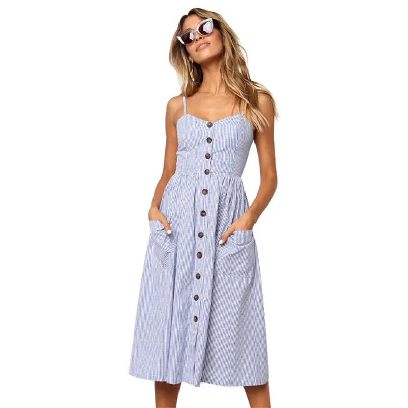 Europe Summer Solid Colored Pocket Strap Single-Breasted Dress TS- Pocket Dress