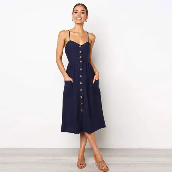 Europe Summer Solid Colored Pocket Strap Single-Breasted Dress TS- Pocket Dress