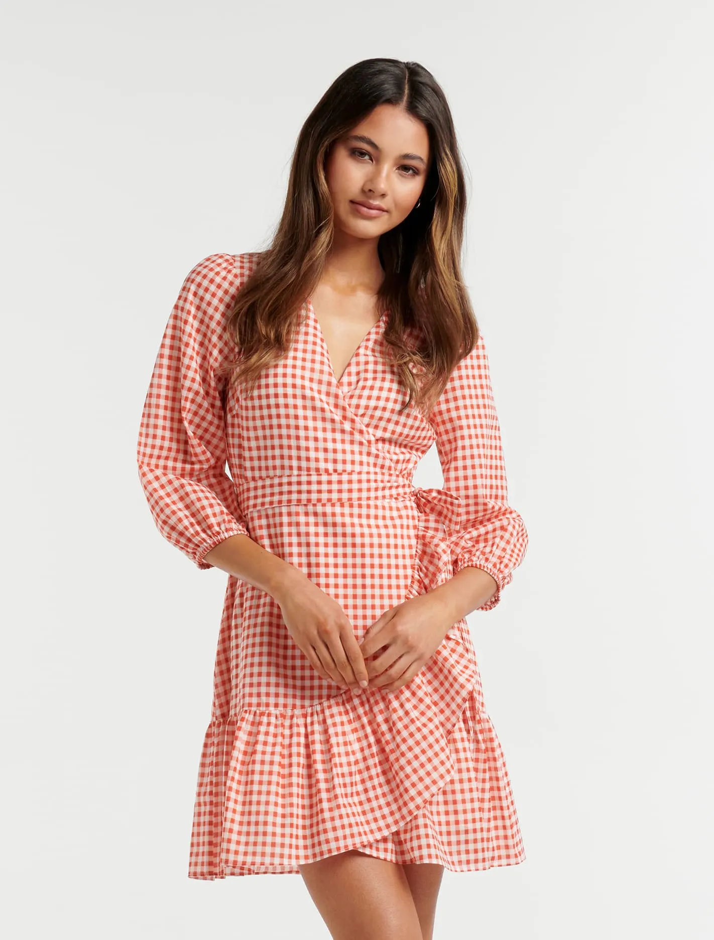Evan Petite Check Wrap Dress
