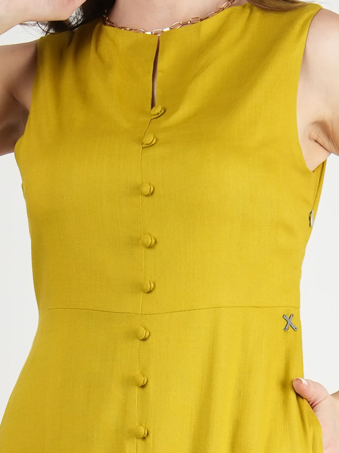 Exude Glowing Front Button Dress With Pockets (Lime Green)