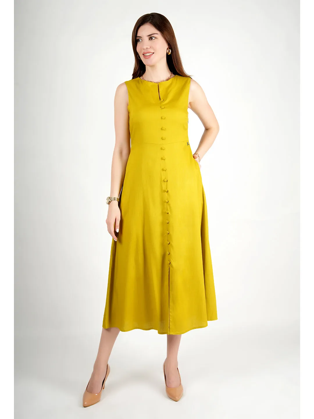 Exude Glowing Front Button Dress With Pockets (Lime Green)