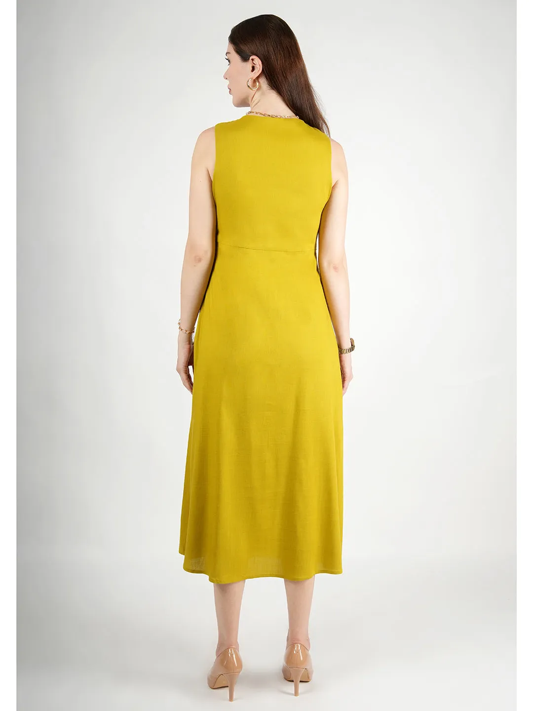 Exude Glowing Front Button Dress With Pockets (Lime Green)