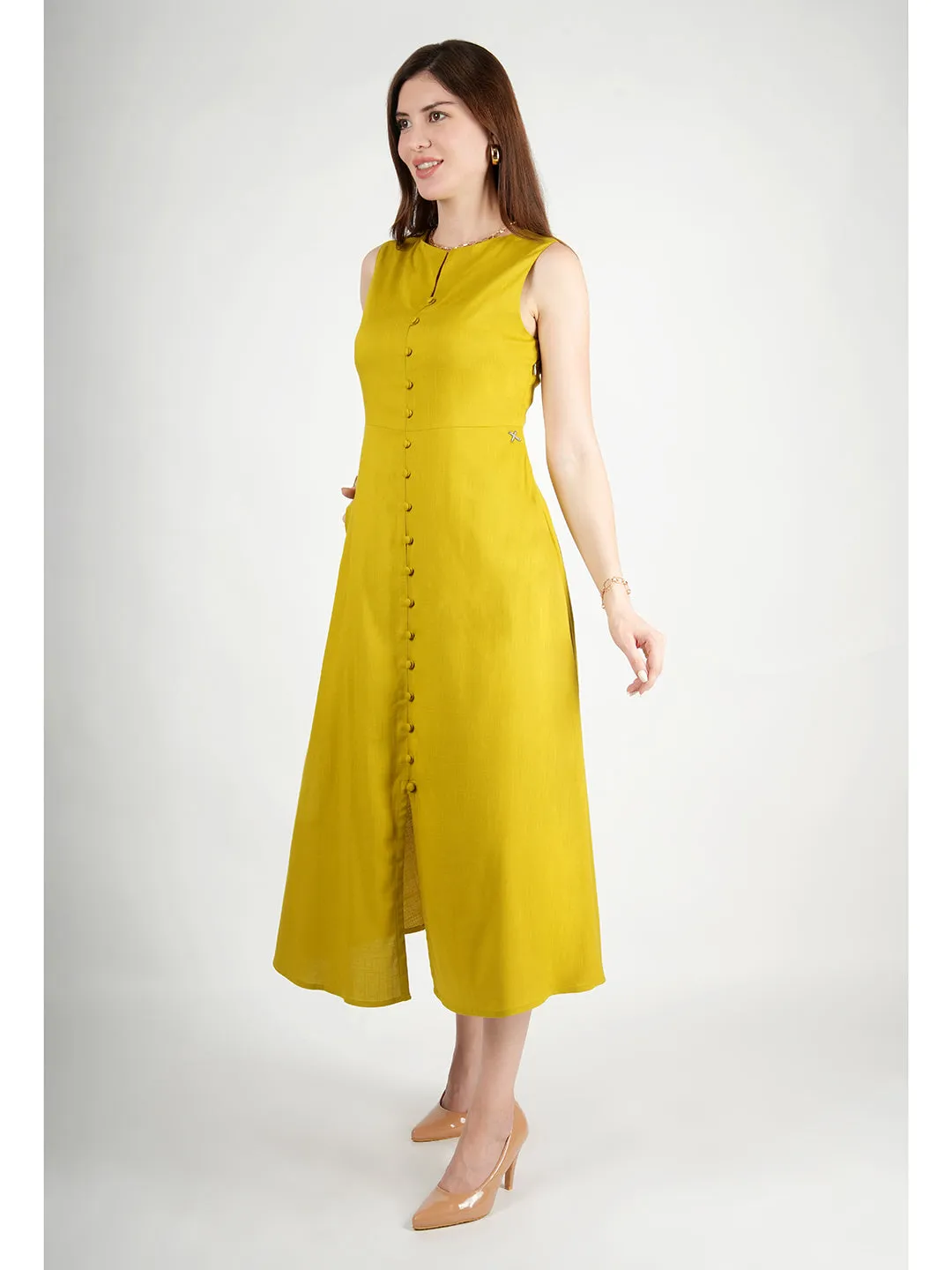 Exude Glowing Front Button Dress With Pockets (Lime Green)