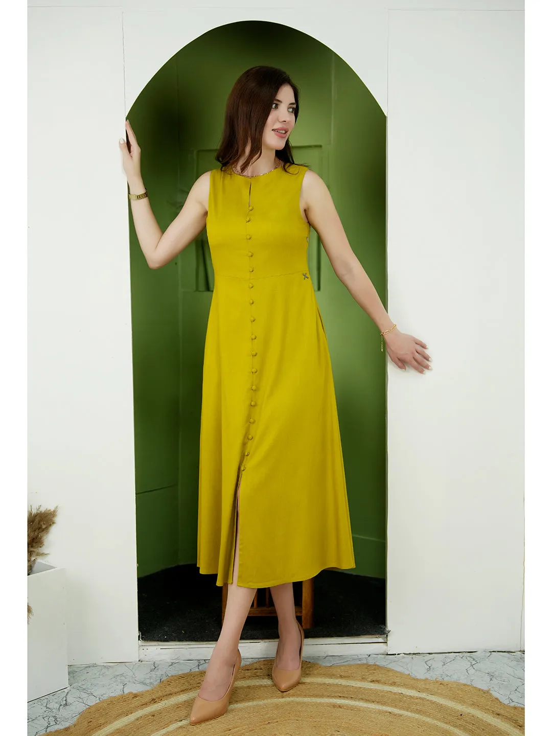 Exude Glowing Front Button Dress With Pockets (Lime Green)