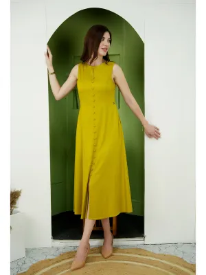 Exude Glowing Front Button Dress With Pockets (Lime Green)