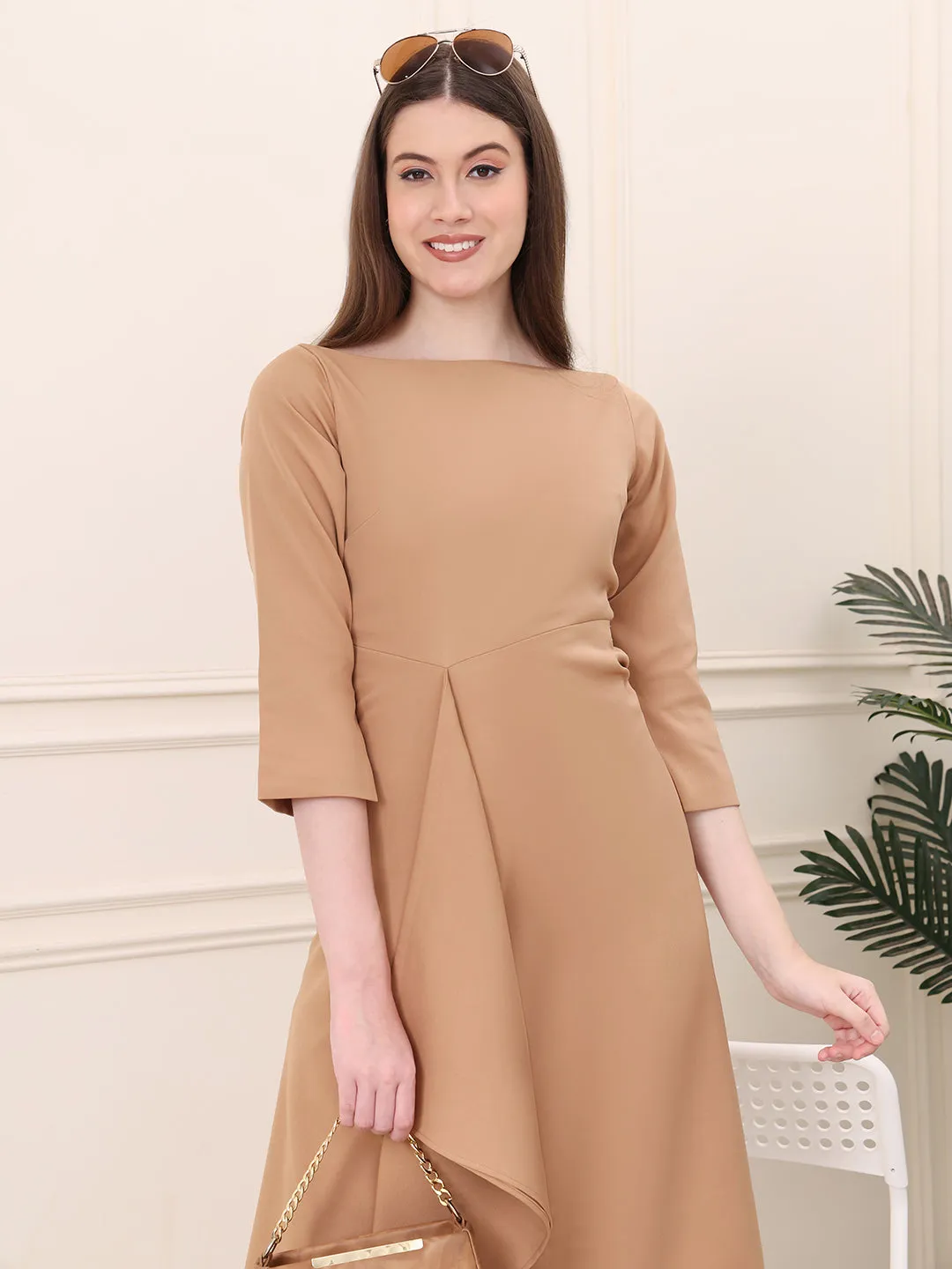 Exude Sunlit Drape Dress With Sleeves (Beige)