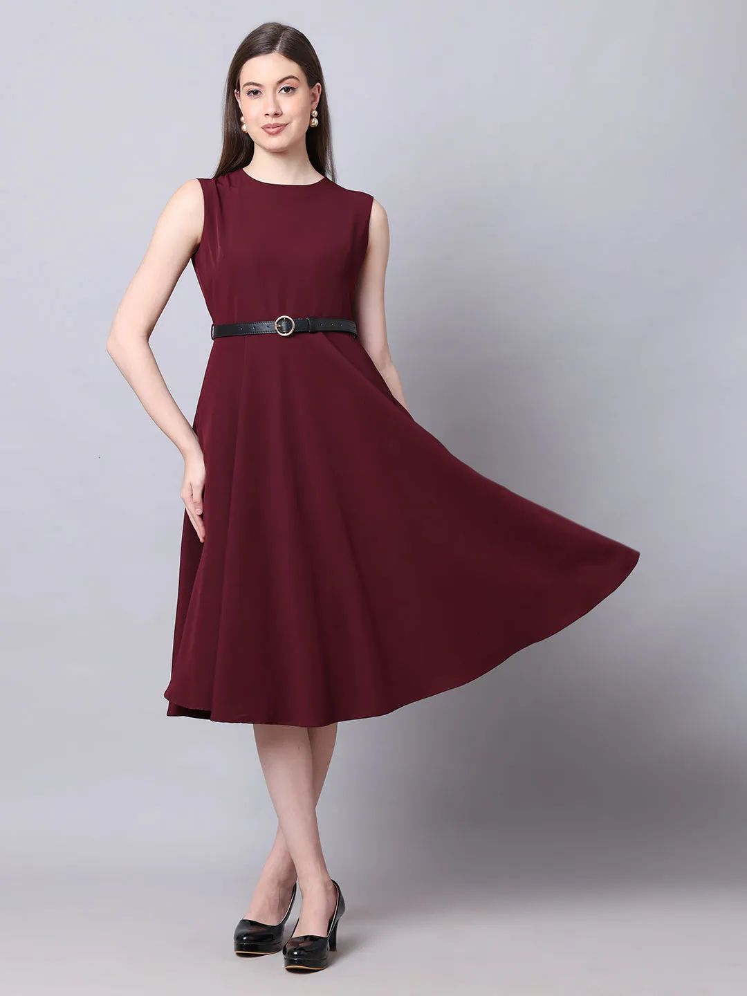 Exude Warmth Fit & Flare Dress with Belt (Wine)