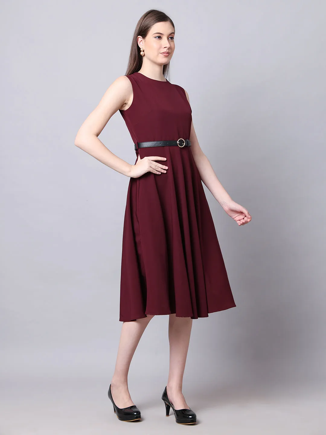 Exude Warmth Fit & Flare Dress with Belt (Wine)