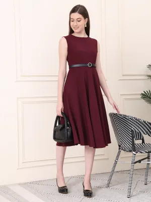 Exude Warmth Fit & Flare Dress with Belt (Wine)