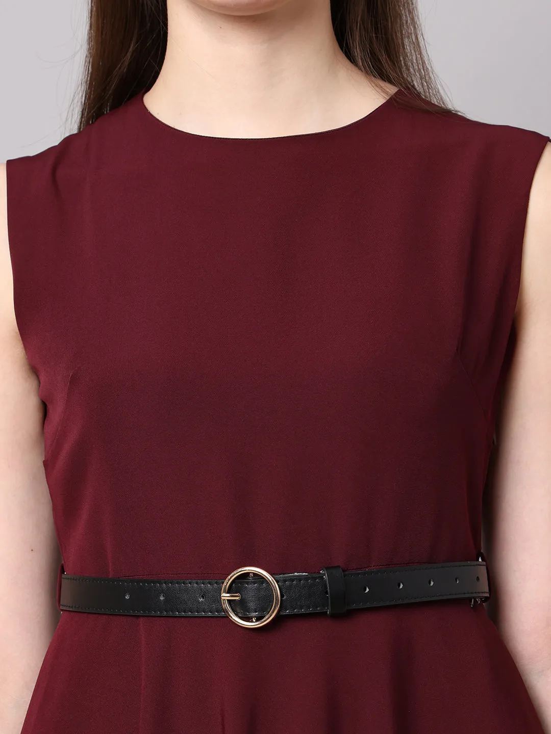 Exude Warmth Fit & Flare Dress with Belt (Wine)