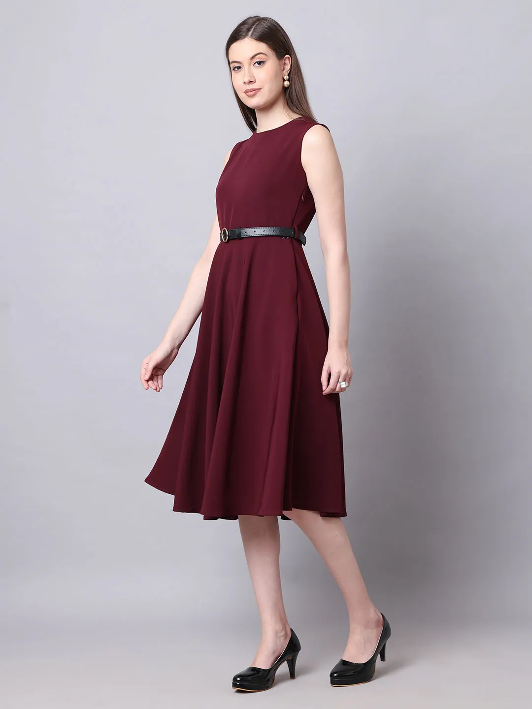 Exude Warmth Fit & Flare Dress with Belt (Wine)