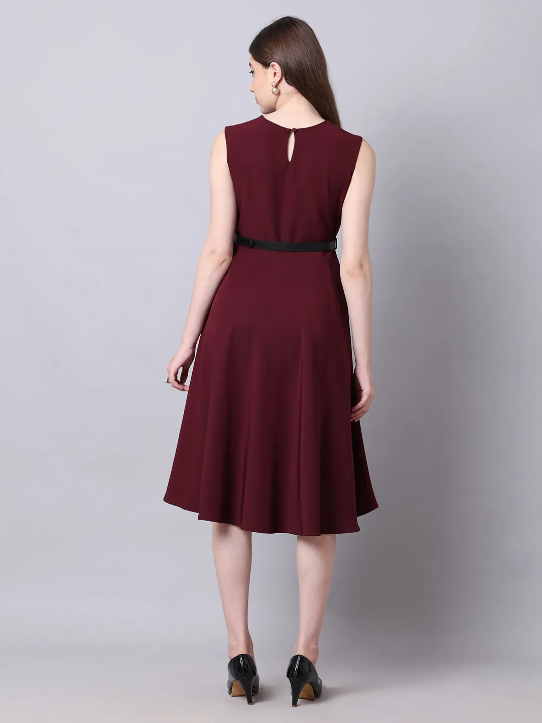 Exude Warmth Fit & Flare Dress with Belt (Wine)