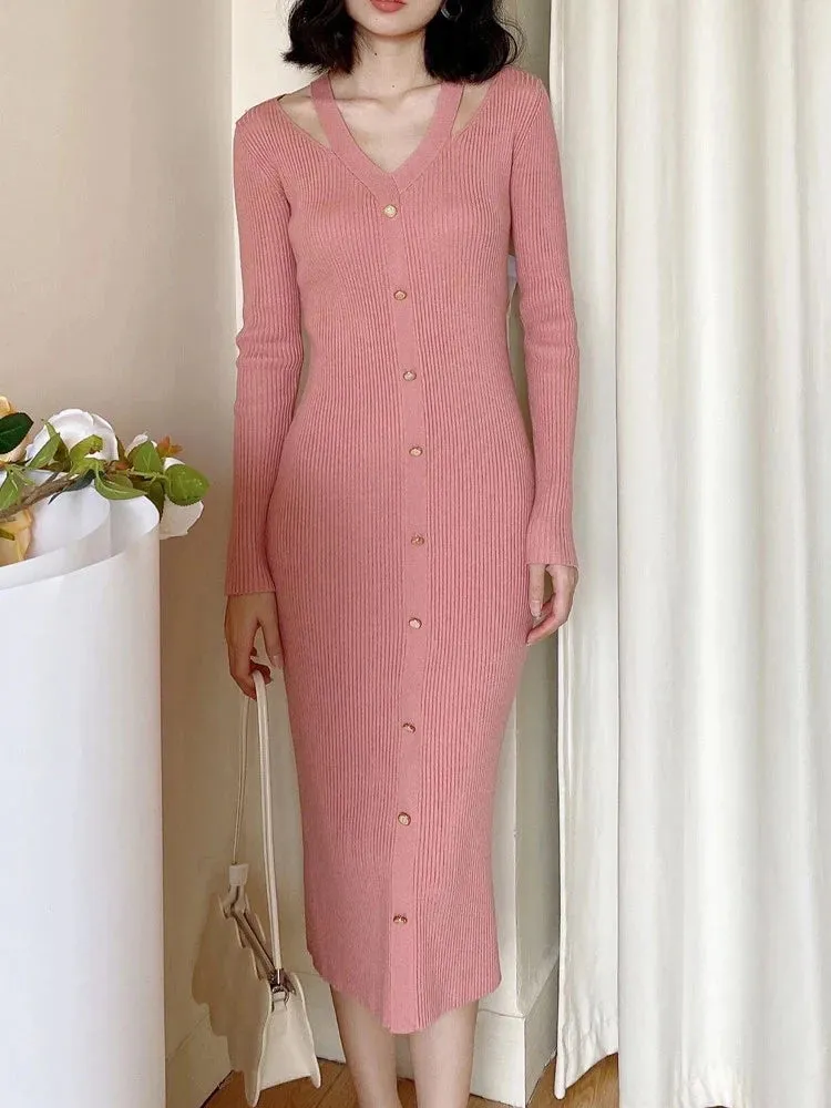 Fall Winter Women Sweater Dress Midi Length Single Breasted Chic Ladies Long Sleeve V-neck Bodycon Knitted Dresses C-190
