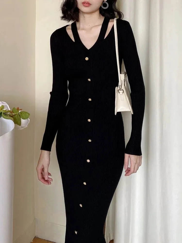 Fall Winter Women Sweater Dress Midi Length Single Breasted Chic Ladies Long Sleeve V-neck Bodycon Knitted Dresses C-190
