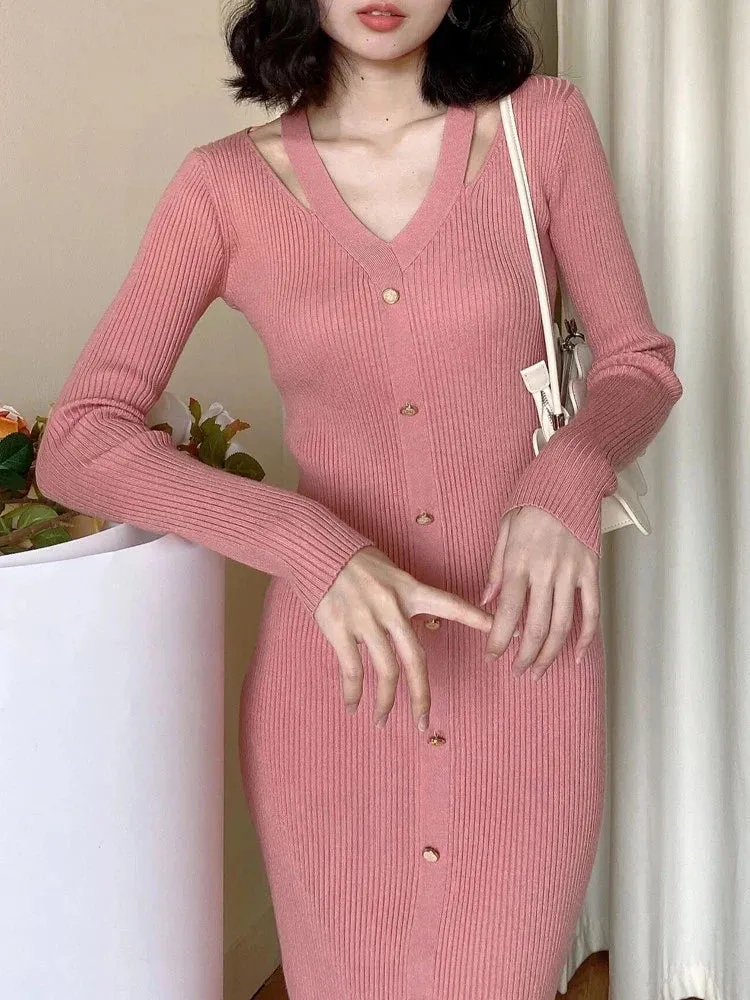 Fall Winter Women Sweater Dress Midi Length Single Breasted Chic Ladies Long Sleeve V-neck Bodycon Knitted Dresses C-190