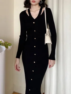 Fall Winter Women Sweater Dress Midi Length Single Breasted Chic Ladies Long Sleeve V-neck Bodycon Knitted Dresses C-190