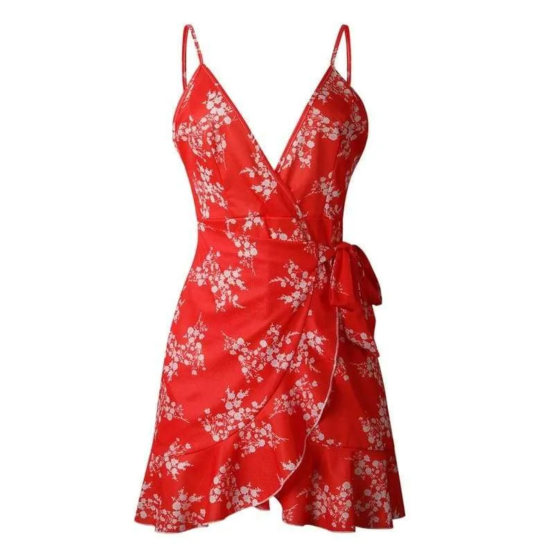 FashionSierra - Print Ruffled Wrap Dress Women Strap Mini Sundress