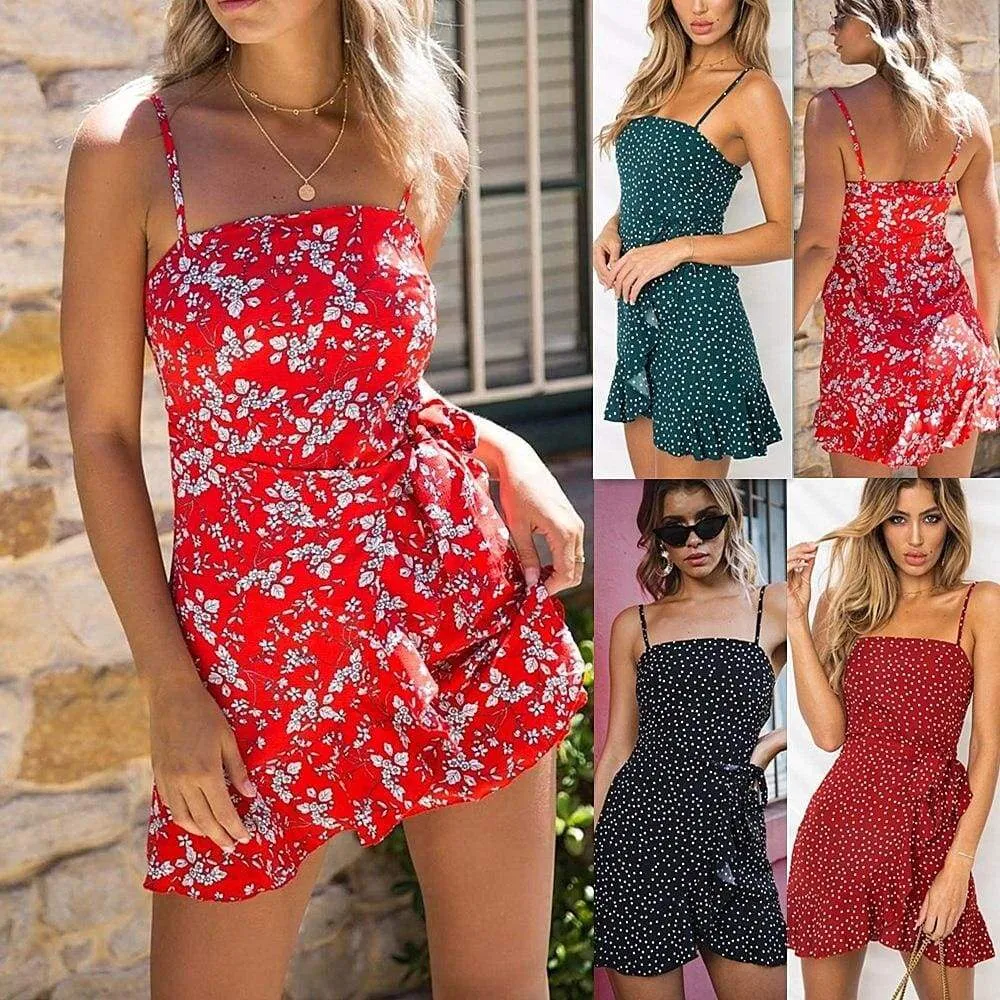 FashionSierra - Print Ruffled Wrap Dress Women Strap Mini Sundress